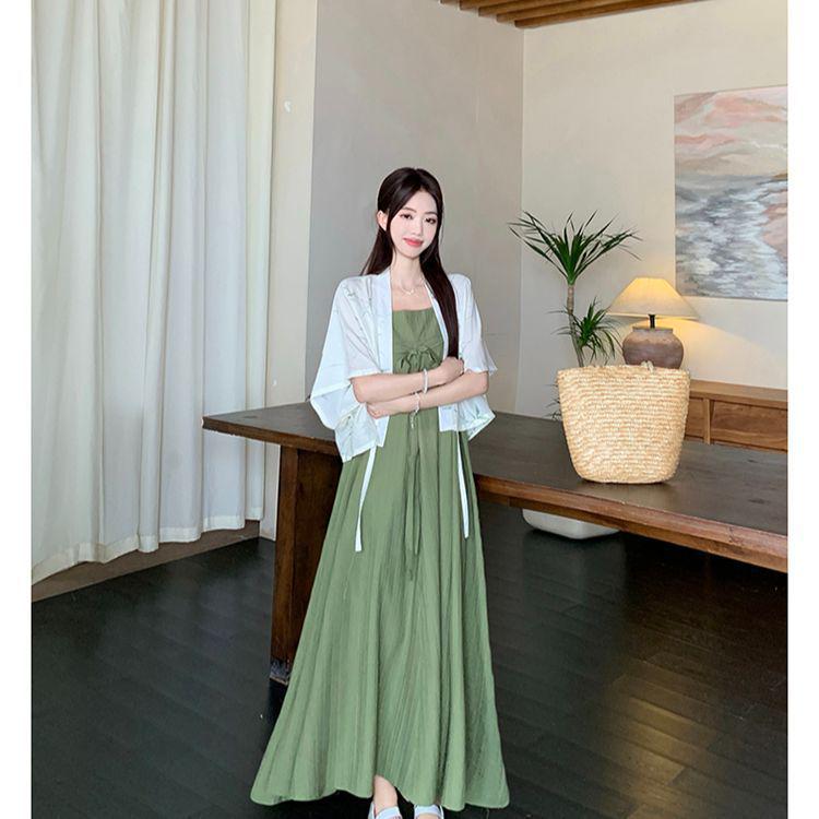 Plus Size Women's Chinese Style Waist-Cinching Camisole Dress & Fairy Cardigan Set