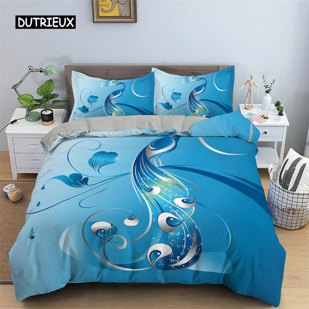 Peacock Feather Duvet Cover Feather Theme Bedding Set Microfiber Floral Quilt Cover Twin King For Teen Boys Girls Bedroom Decor