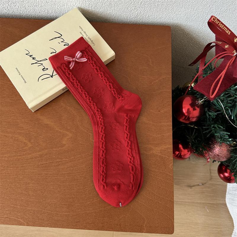 Sign On The Birth Year Big Red New Year'S Socks Female Mori Bow Small Flower Love Women'S Cotton Socks Medium Tube Socks