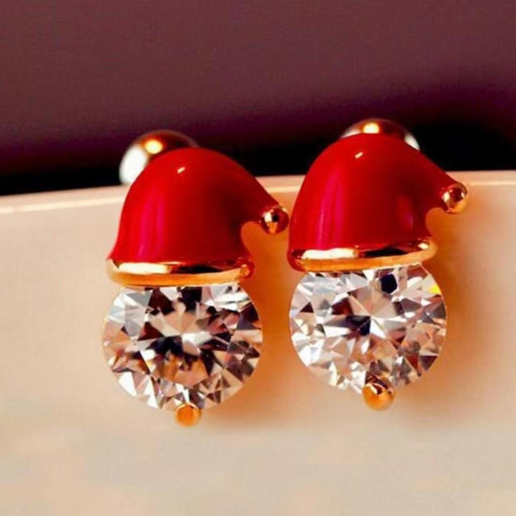 Red Zircon Santa Hat Stud Earrings - Festive Women's Holiday Jewelry Gift