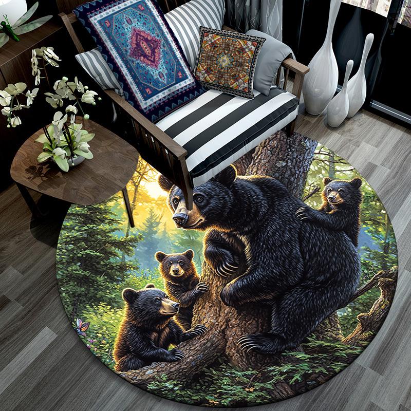 Black Bear Round Area Rug,Carpet Rug for Living Room Bedroom Sofa Playroom Decor,Non-slip Floor Mat