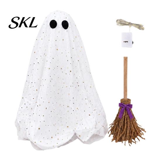 Halloween Ghost Decoration with Broom, Spooky Sequins Mesh White Ghost, Cute Glittery Decor Adjustable Standing for Party, Home, Table, Fireplace,