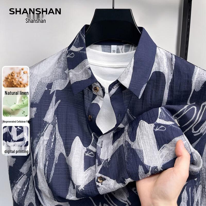 SHANSHAN Men s Linen Blend Printed Short Sleeve Shirt 190