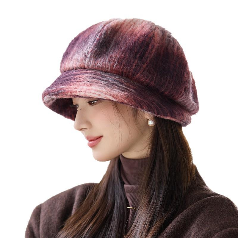 Hats for Women's Autumn and Winter Newly Thickened Tie Dye Beret Korean Face Showing Small Octagonal Hat Windproof and Warm Painter Hat