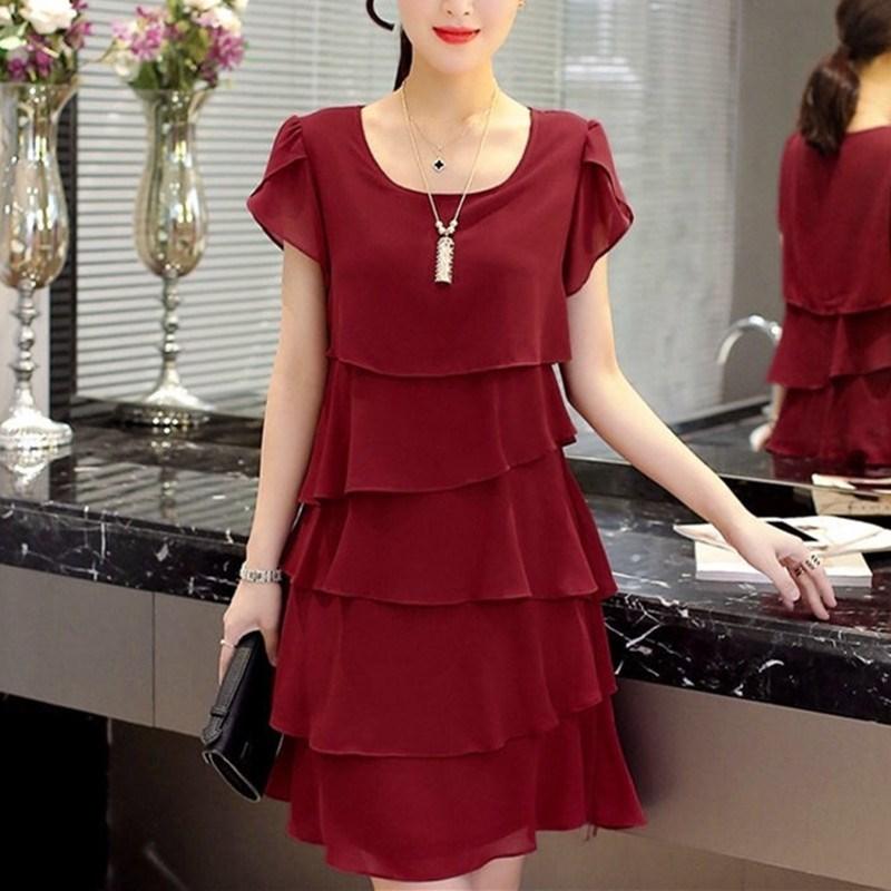 Kleid Damen Sommer Wellenschnitt Rüsche Süß Einfarbig Kurzarm Schlanke Kleider Dame Lässig All-Match Vestido Rundhalsausschnitt Chiffon