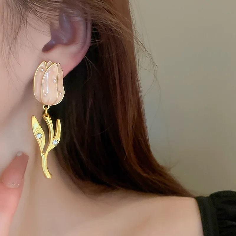 Gold Plated Enamel Tulip Long Dangle Earrings With Rhinestones Alloy Pendant Jewelry For Women Party