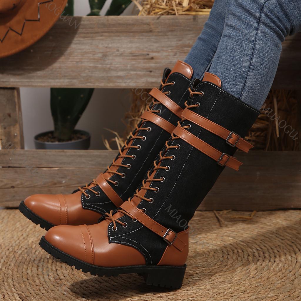 Fashion Autumn and Winter New Colorblocking Leather Boots for Women Round Head Belt Buckle Lace-up Thick Heel Mid-calf Knight Boots