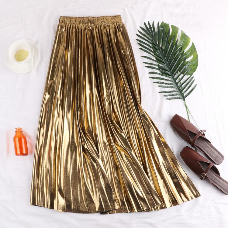 Bust Skirt Autumn New Thin High Waist Versatile Metal Reflective Medium and Long A Word Pleated Skirt Women