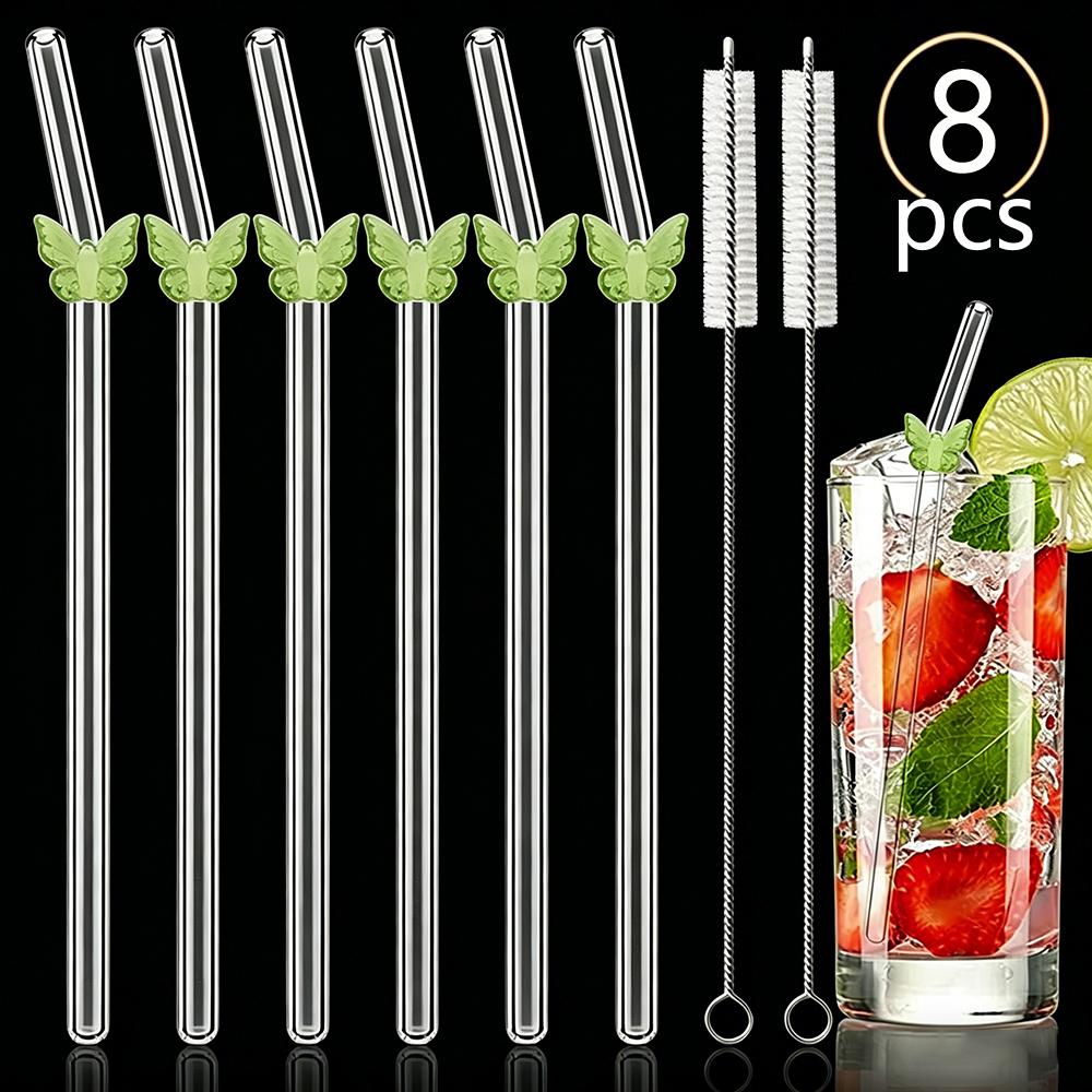 8 Stück Glasstrohhalme mit Schmetterlingsdesign und Bürste 200*8mm Wiederverwendbares Trinkhalm-Set Milchshakes Cocktail Kaffee-Strohhalme Haushalts-Bar-Zubehör