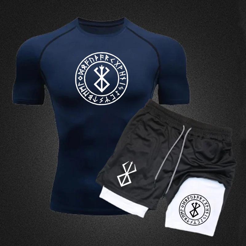 Men's Anime Double-Layer Quick-Dry Shorts & Tee Set for Outdoor Running & Fitness