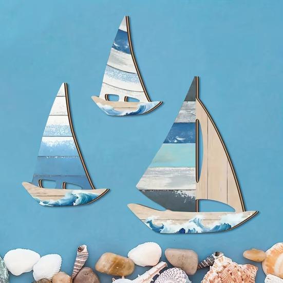3 Pezzi Arte Murale Vela Nautica Tema Oceano Costiero Decorazione Murale Nave in Legno Scultura da Appendere per Casa sul Lago Soggiorno Camera da Letto