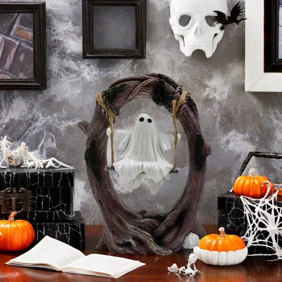 Halloween Ghost On Tree Swing Figurine Swinging Cartoon Ghost Statue Ornament Home Office Garden Patio Lawn Bookshelf Desktop Decoration
