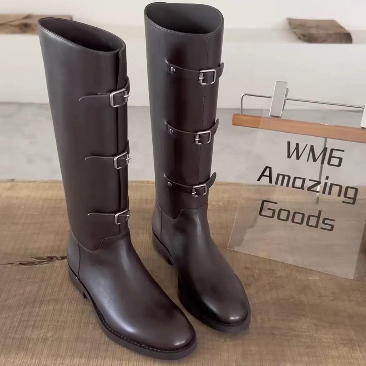 

New retro round head buckle strap straight boots women s versatile thick heel temperament wide tube knight boots 35