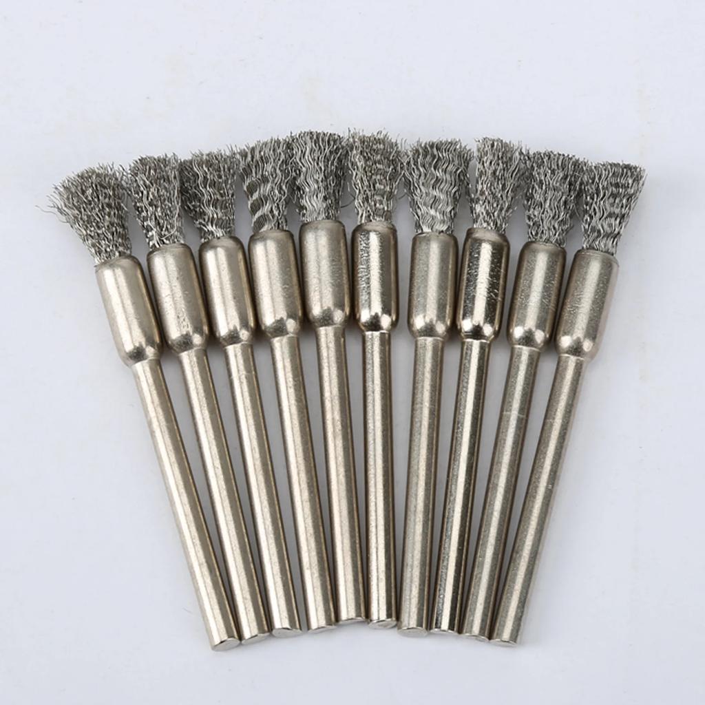 10Pcs/set 5mm Pencil Brushes Stainless Steel/Copper Wire Wheel Brush 3.17mm Shank Mandrel for Dremel Rotary Tools Abrasive Tool
