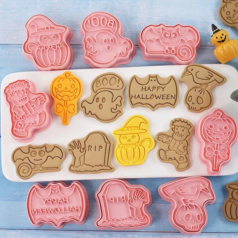 8Pcs Halloween Cookie Cutters 3D Pumpkin Ghost Skull Pressable Biscuit Mold Cookie Stamp Cake Decorating Tool Baking Accessories