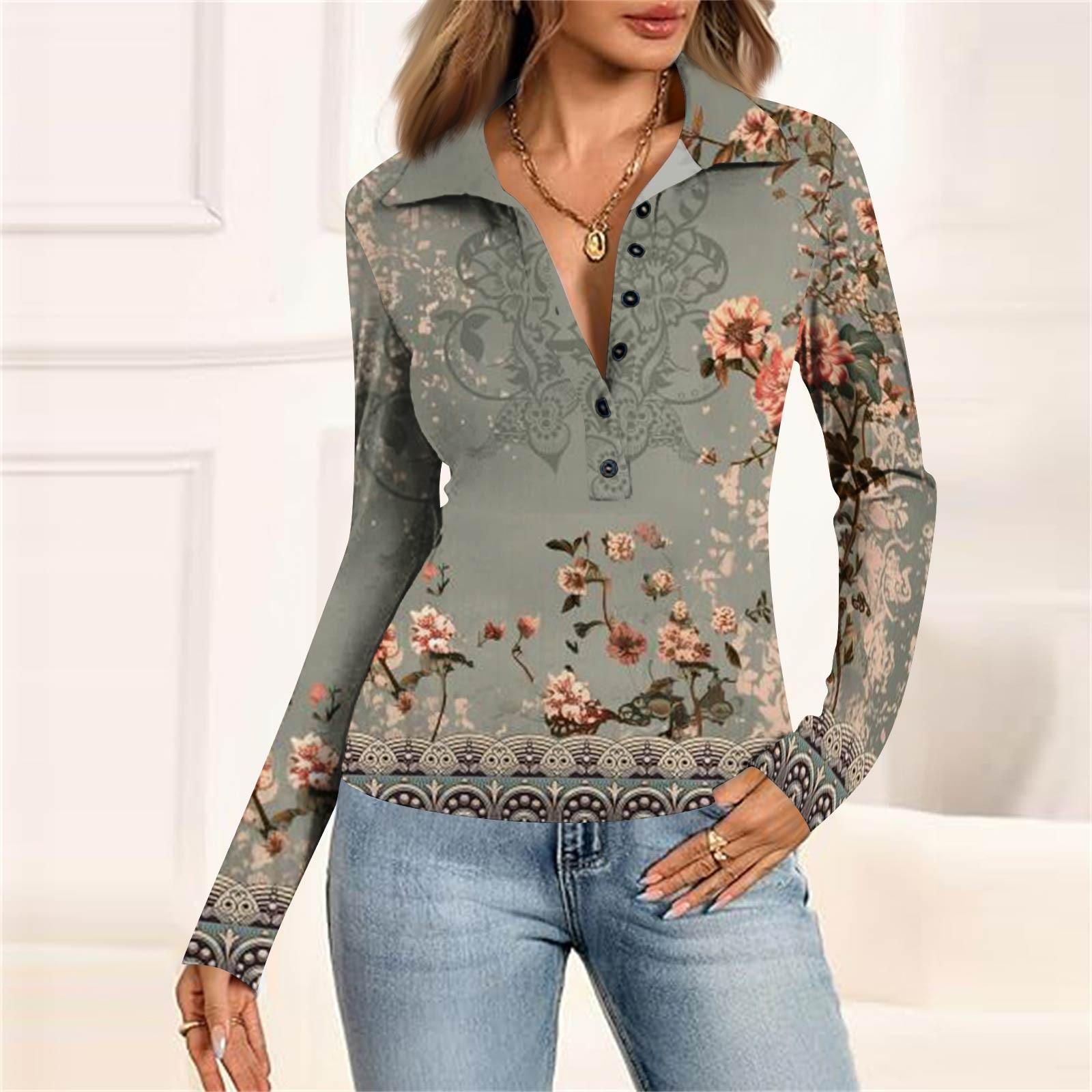 

Женская мода Повседневный принт V-образный вырез Длинный рукав Застегивающаяся на пуговицы блузка XXL
