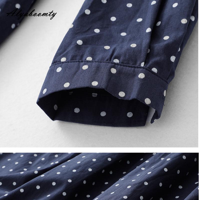 Mori Girl Spring Autumn Women Shirt Dress Turn-Down Collar Polka Dot Loose Dress Navy Blue Vintage Elegant Chic Dress