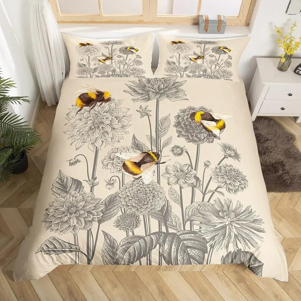 Boho Dragonfly King Queen Duvet Cover Cute Flower Love Heart Bedding Set Watercolor Floral Rustic Style Polyester Quilt Cover