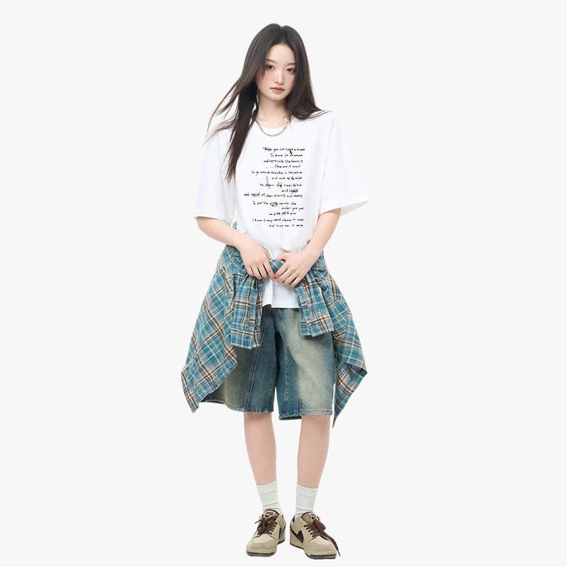 Korean Style Pure Cotton Letter Printed Short-sleeved Women's Summer Loose and Versatile Student Style Trendy Tops and Bottoming Shirts