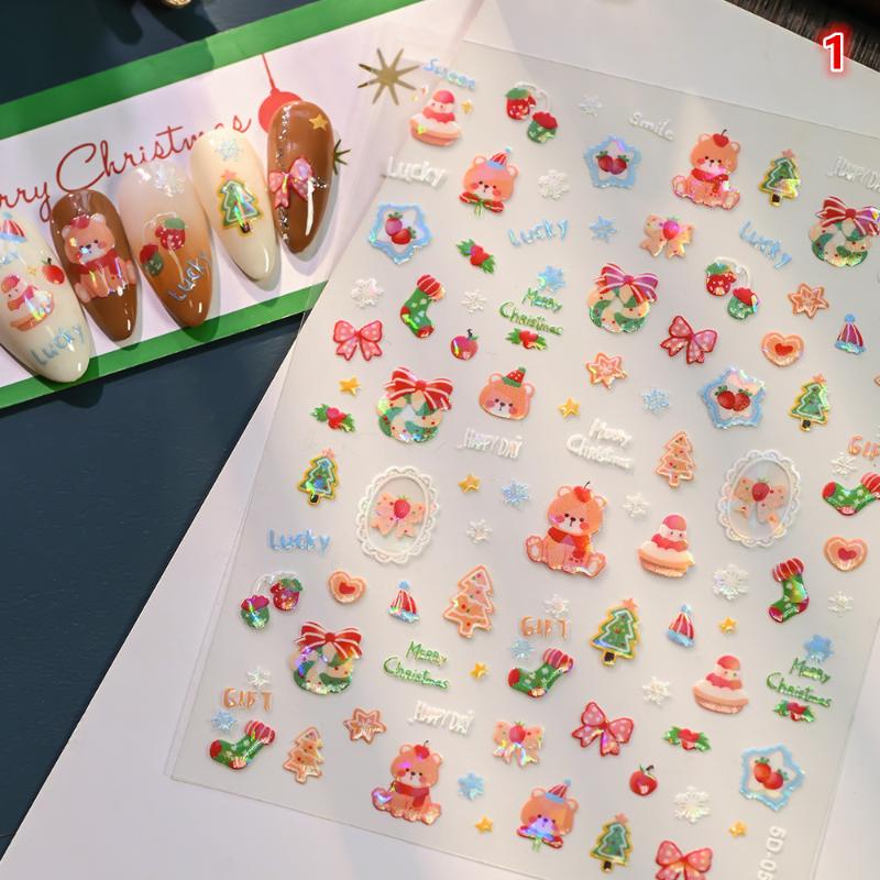 5D Laser Relief Weihnachts-Nagelsticker Schneeflocken Weihnachtsmann Elch Weihnachtsbaum Nagelaufkleber Geprägt Winter Weihnachten Maniküre Set