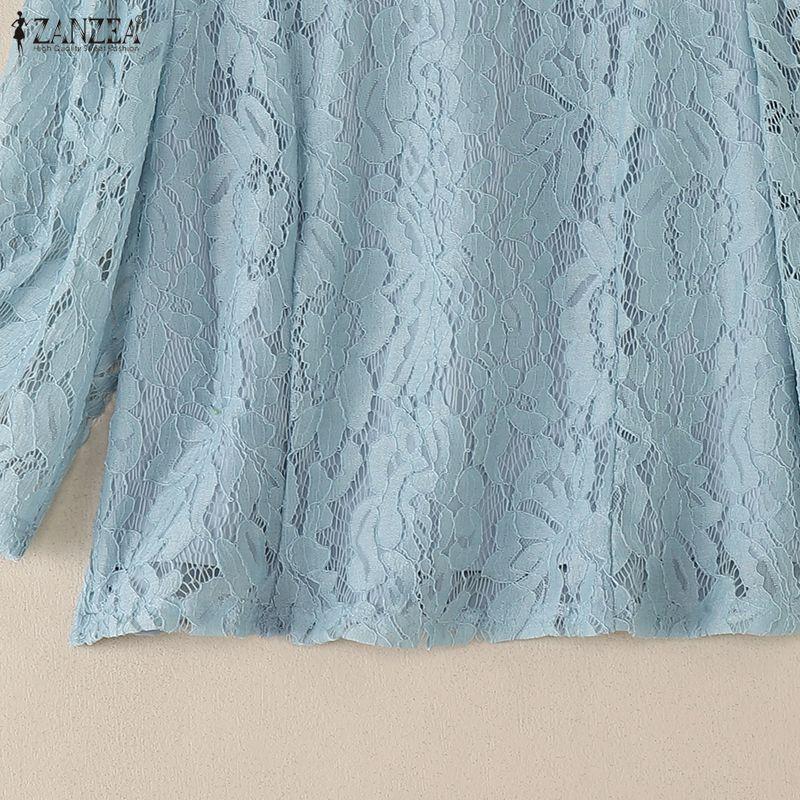ZANZEA Kadın Günlük Yuvarlak Yaka 3/4 Kol Dantel Patchwork Bluz