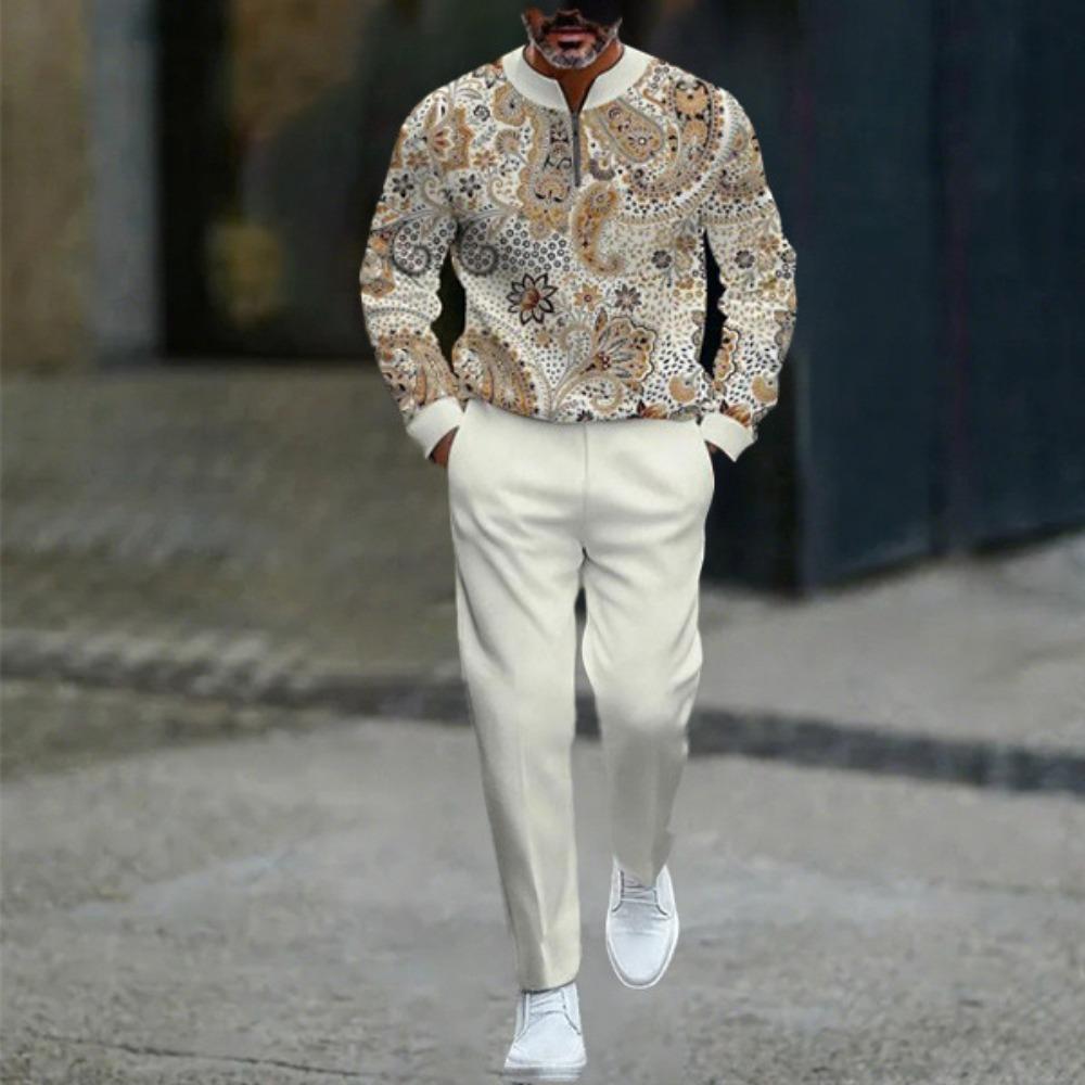 Spring Autumn 3D Printed Fashion Men's Long-Sleeved Sets Half-Zipper Stand-Up Collar Men's Casual Sportswear Two-Piece set