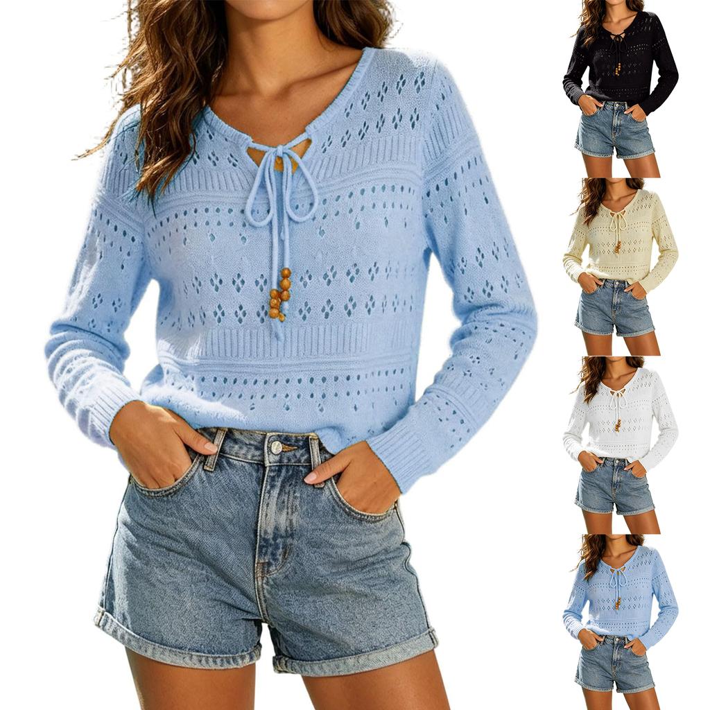 Women Casual Loose Fit V Neck Long Sleeve Knit Sweater Hollow Out Mesh Pullover with Tie Detail Lightweight Breathable