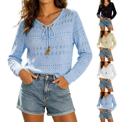 Women Casual Loose Fit V Neck Long Sleeve Knit Sweater Hollow Out Mesh Pullover with Tie Detail Lightweight Breathable