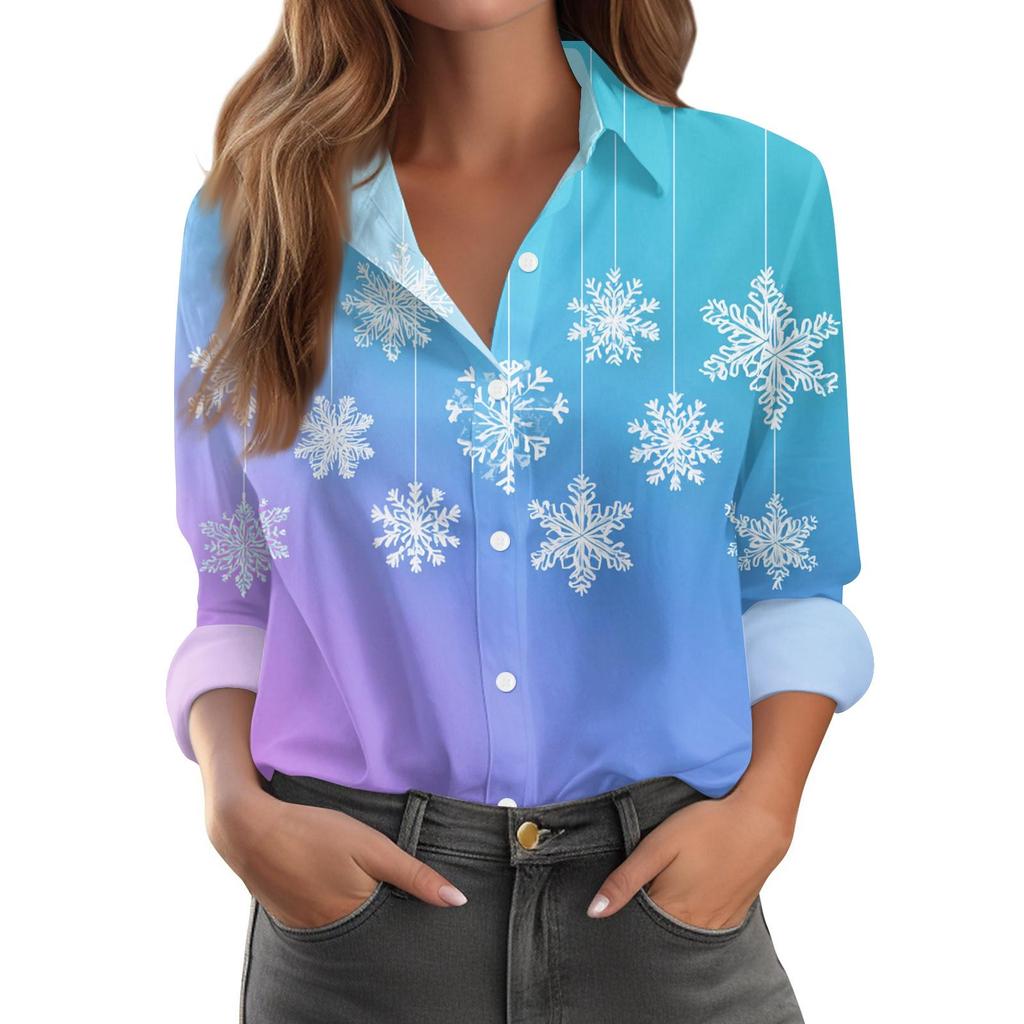 Christmas Snowflakes Snowmen Print Women Shirts Fashion Autumn Winter New Long Sleeve Loose Blouses Ladies Christmas Party Tops
