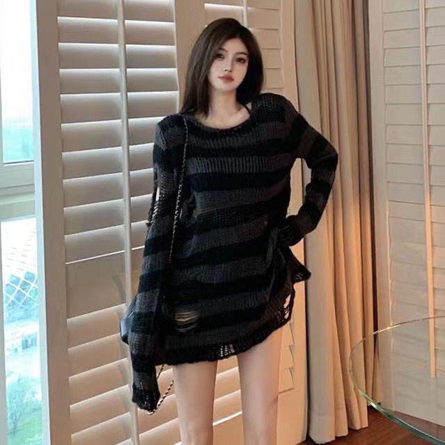 Unisex Punk Striped Gradient Ripped Knit Sweater