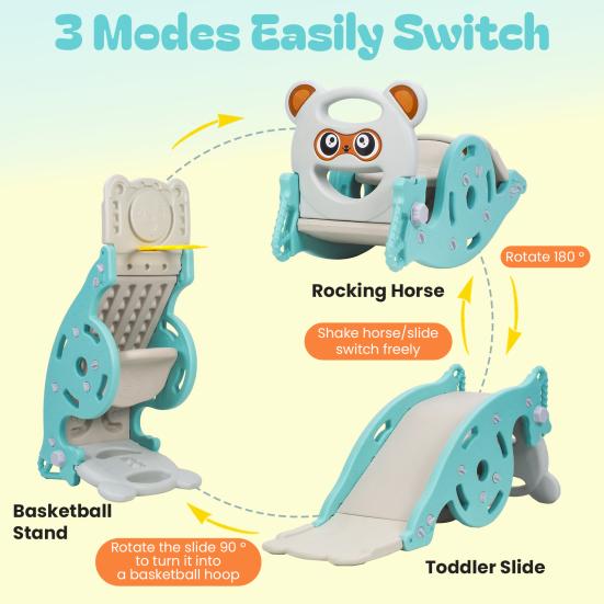 4-in-1 Kids Slide & Rocking Horse, Convertible Playground Toy with Basketball Hoop for Toddlers