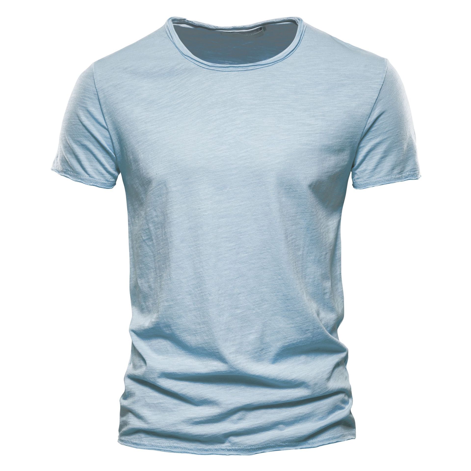 Herren Sommer Einfarbiges Kurzarm-T-Shirt, Slim Fit Slub-Baumwolle Lässiges Mode-Tee L himmelblaue