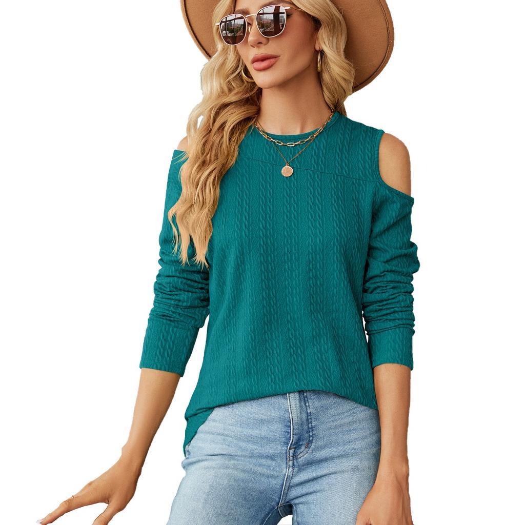Women's Off Shoulder Loose Long Sleeve T-shirt, Casual Crewneck Top, Fall Winter Fashion for Europe America Cross Border