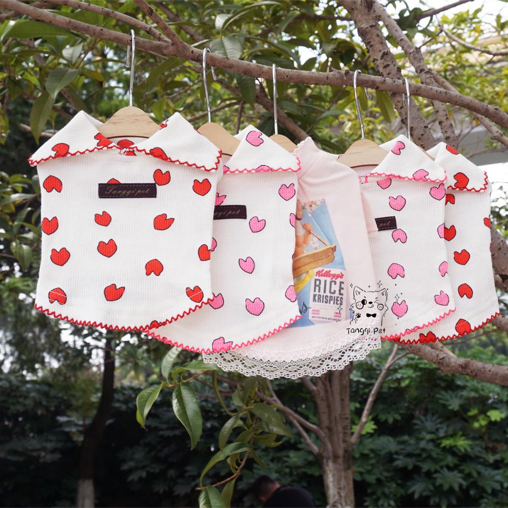 Tangqi Koszulka dla zwierząt domowych kotów i psów z kreskówkowym sercem i kołnierzykiem typu turn-down, styl japoński i koreański, lycra bawełna.