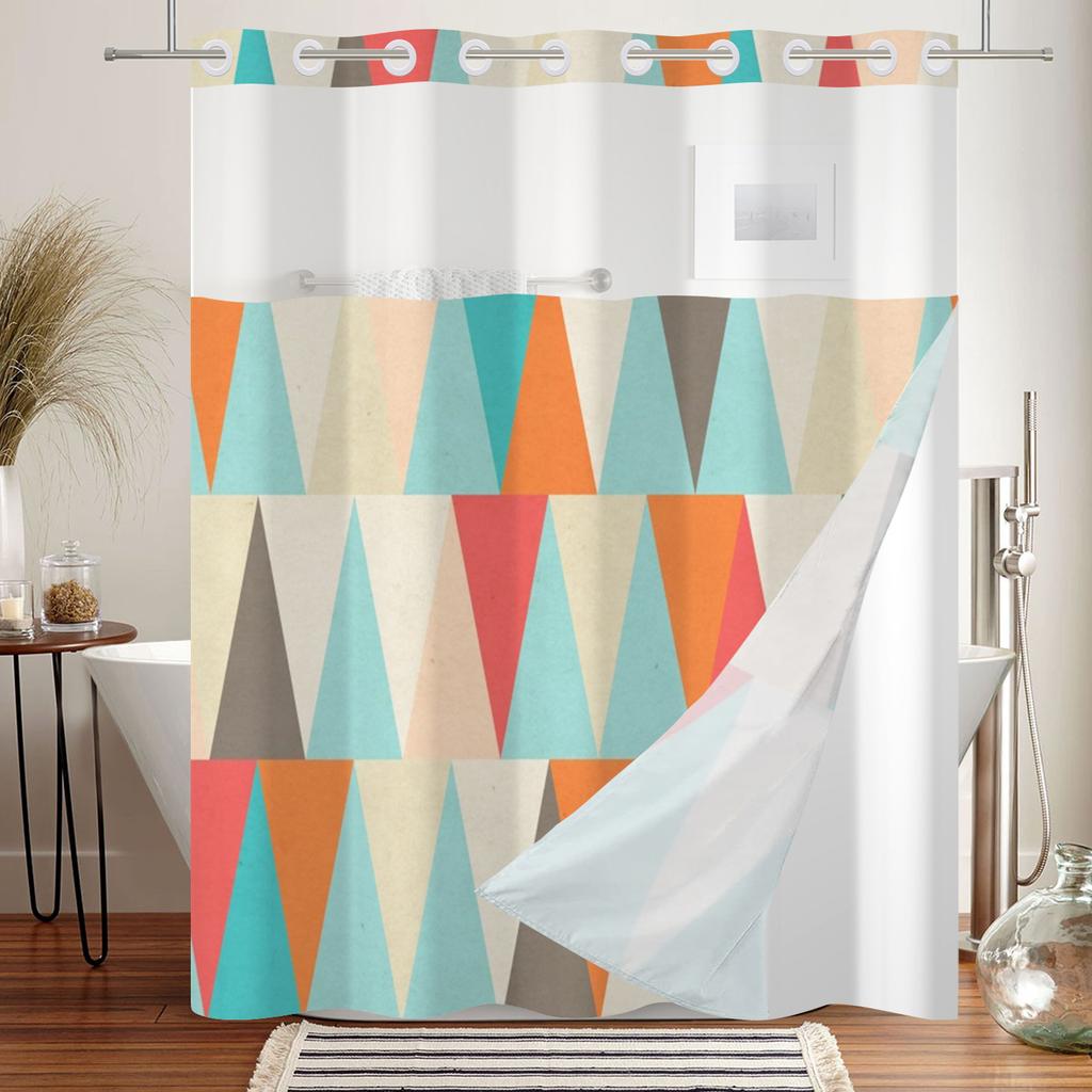 Hookless Double Layer Shower Curtain Geometric Pattern Printed Removable Lined Bathtub Waterproof Bathroom Curtains Decoration