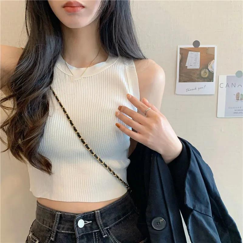 Green Knit Tank Top Sleeveless Short Women's Crop Top Solid Color Inner Wear Outer Skinny Short Vest Korean Fashion