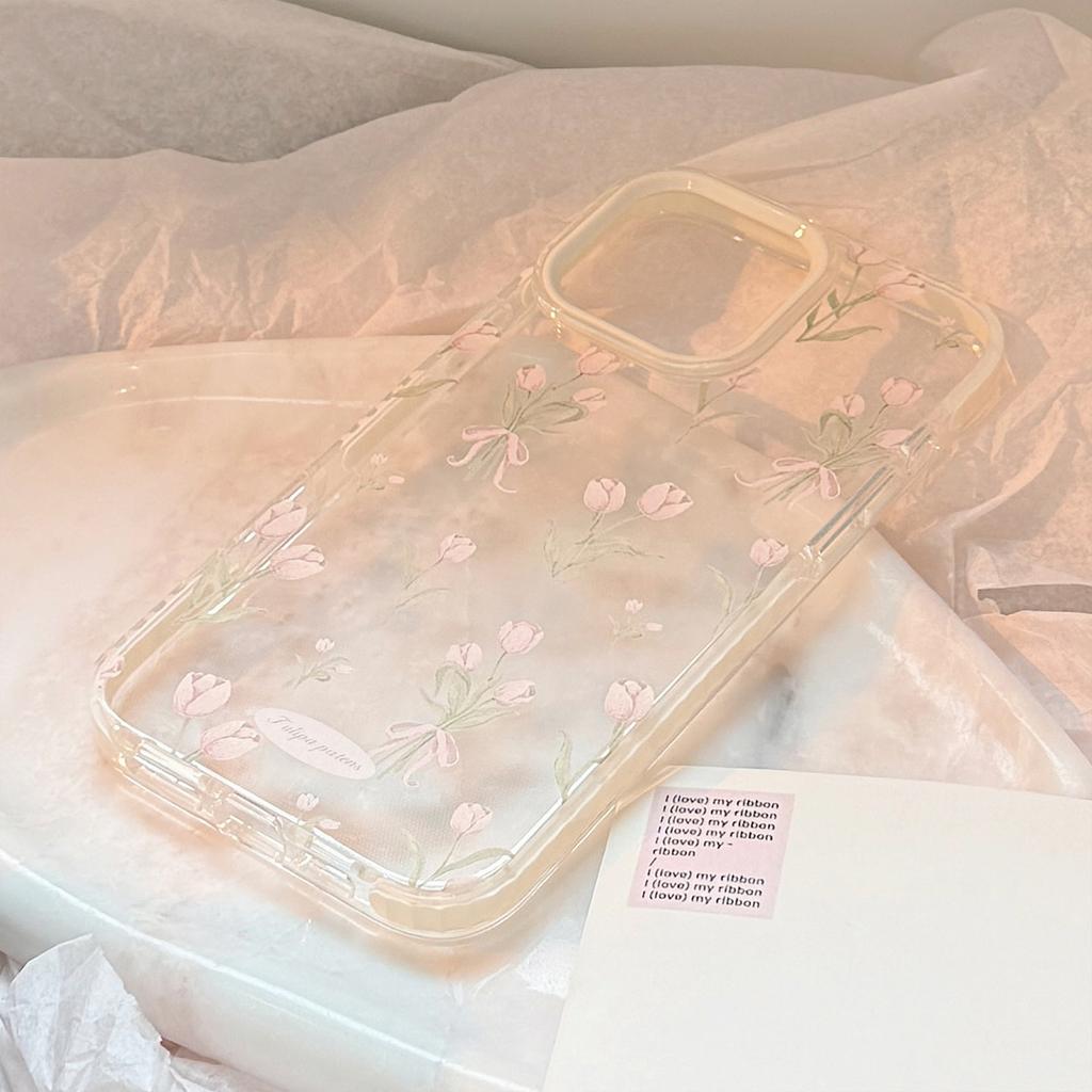 Sweet Pink Jade Gold for IPhone 15 for Apple 16 Promax Phone Case for 14 Small Fresh Flowers 13 Transparent 17