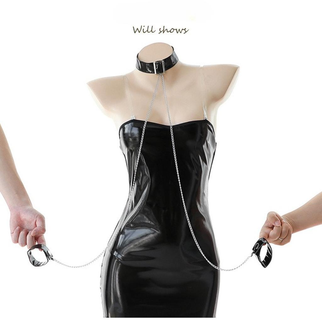 Women's BDSM Lingerie Set - Patent Leather Catsuit with Corset & Restraint Details, Sheer Back Clubwear Fetish Outfit