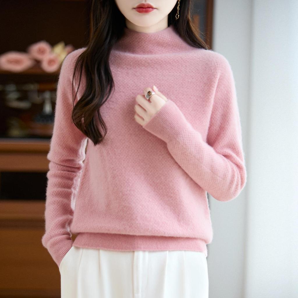 2026 Fall/Winter Women's Pure Wool Honeycomb Knit Sweater - Half-High Neck, Seamless, Solid Color Pullover