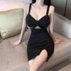 Hollow V-Neck Mesh Slim Fit Slit Retro Chic Dress