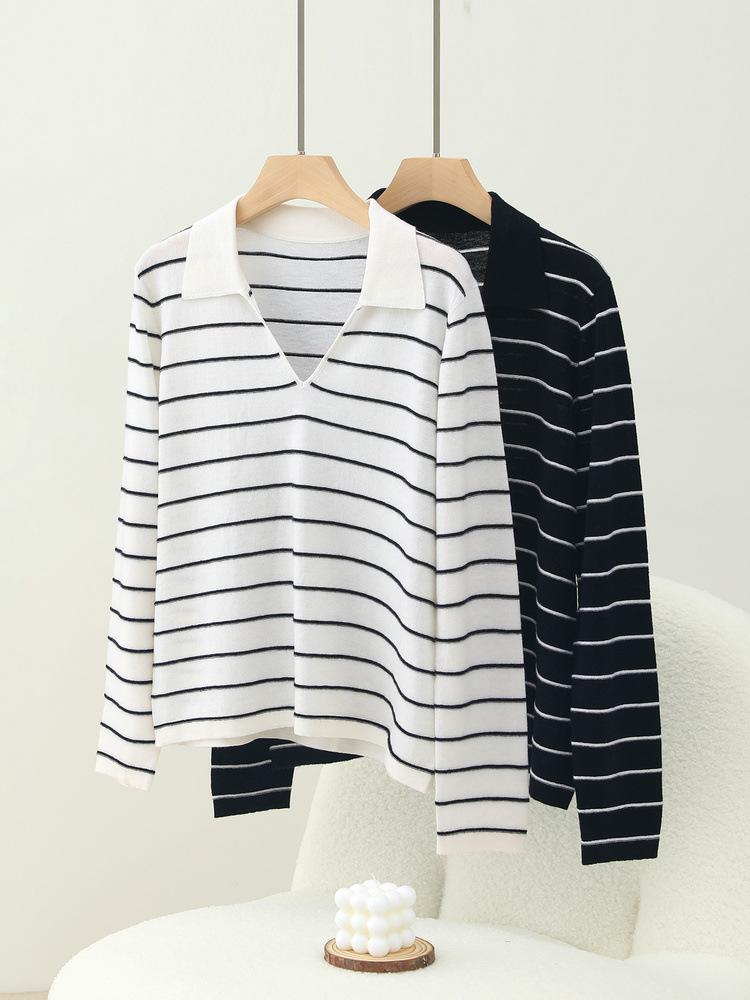 Women's 48s Fine Wool V-Neck Loose Fit Polo Shirt - Black & White Striped Knitwear