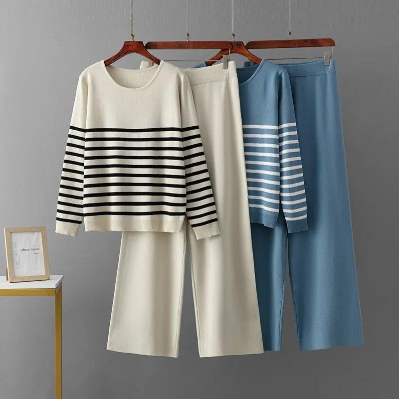 2025 Spring and Autumn New Casual Fashion Set Fashionable Age-Reducing Striped Knitted Top Wide-Leg Trousers Two-piece Set Women