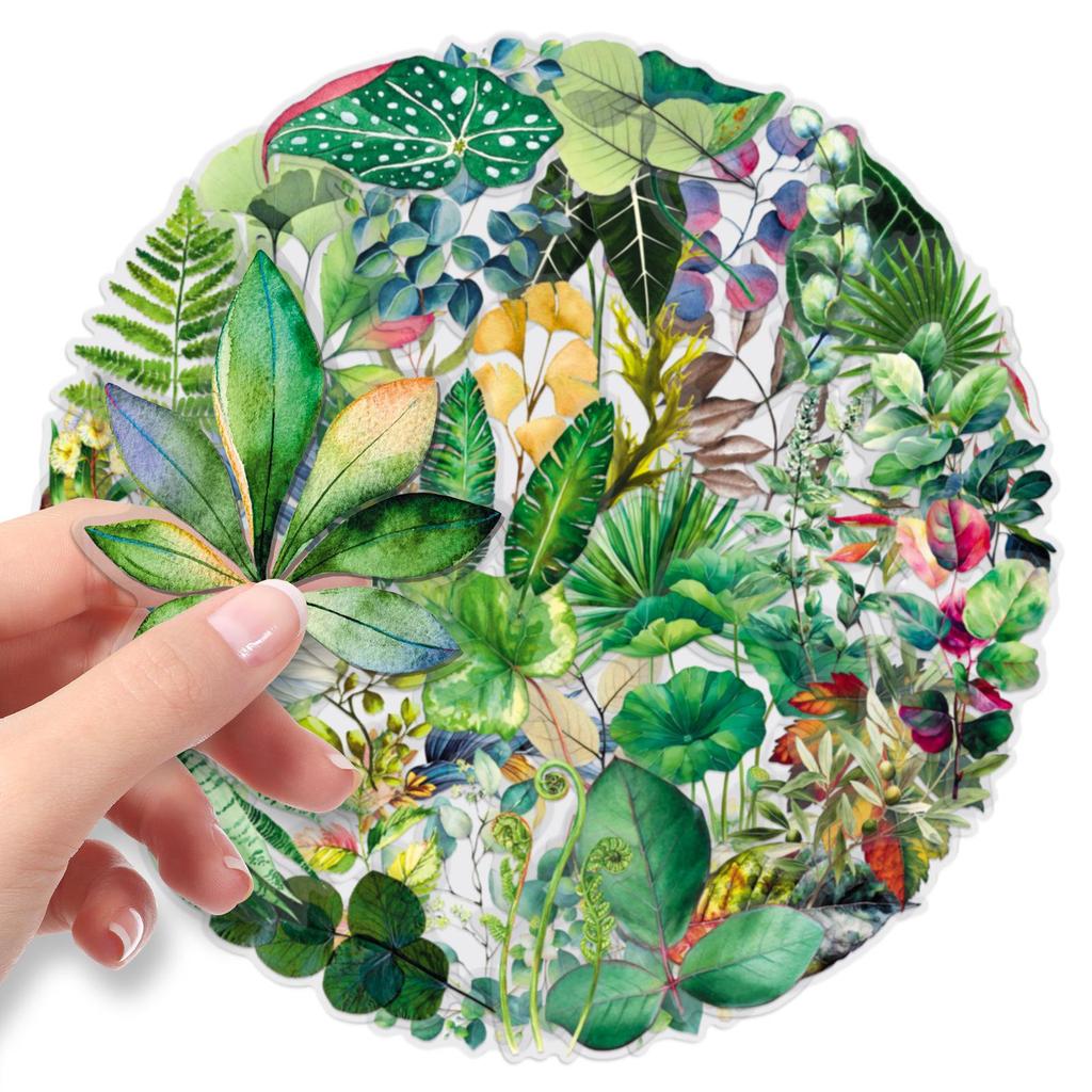 50PCS Transparent Leaf Stickers: Cartoon Green Plant PET Waterproof Decor for Journals, Phones, and Computers