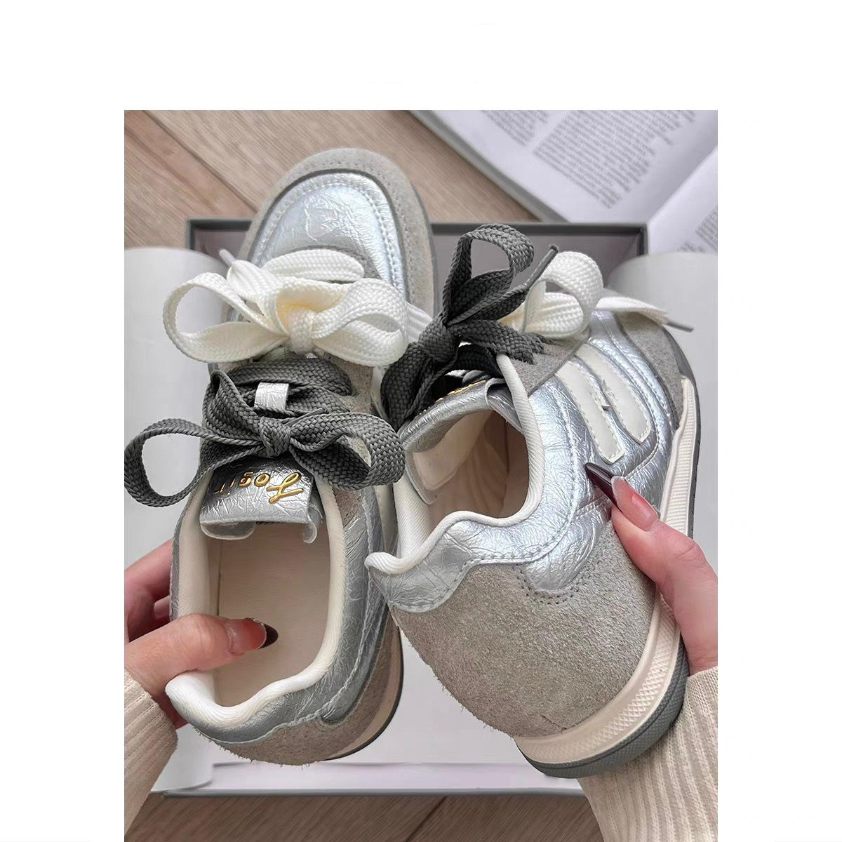 

Высота каблука 4 см Немецкие тренировочные туфли вставной матовой кожей нишевые повседневные спортивные туфли 2025 весна и осень новая цветовая гамма туфли Форреста Гампа 40 серебряный