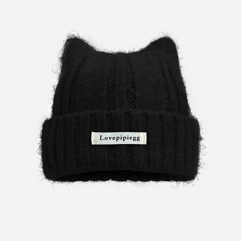 1Pc Cat Ear Knitted Beanies, Cute Winter Warm Wool Hats For Women, Korean Style Fashion Headwear