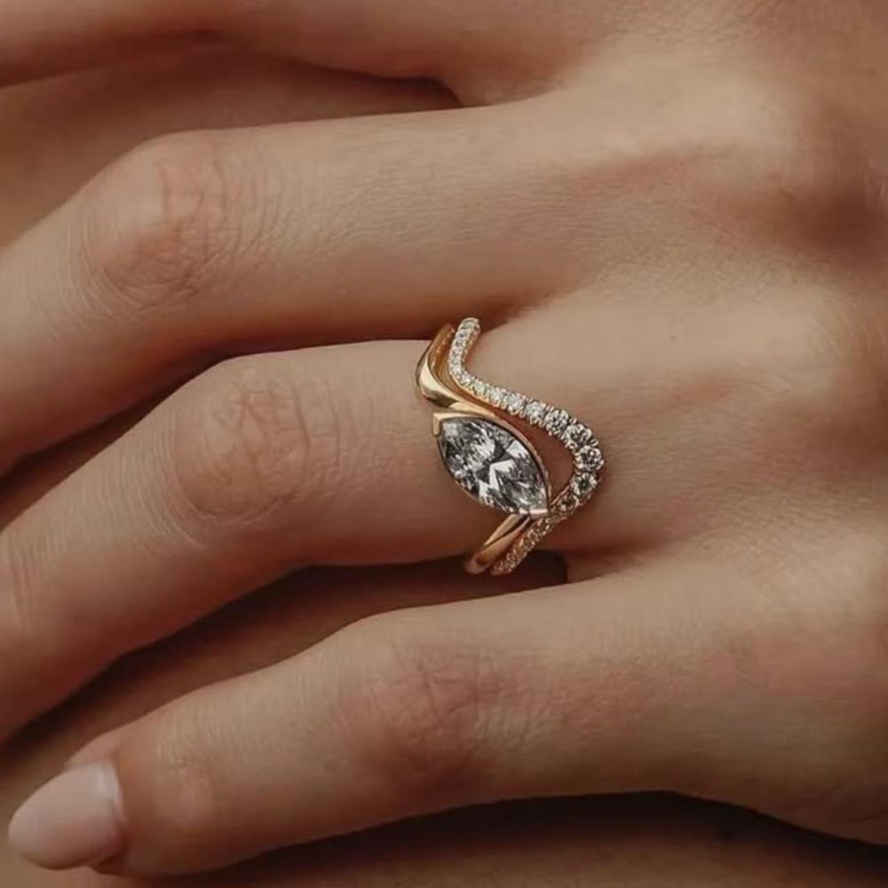 

S925 Silver 1CT Marquise Moissanite Ring Set Fine Jewelry Gold-plated 18k Suitable for Gift Giving Birthday Gift 9 золотистий