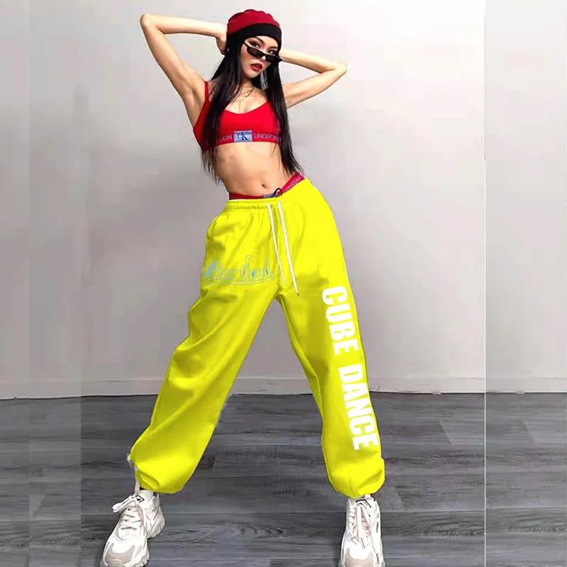 Oversize inkoustově zelené sportovní kalhoty Dámské volné bundle Hip Hop-h-Hardware kalhoty Retro tisk Jazz Street Dance Dlouhé kalhoty