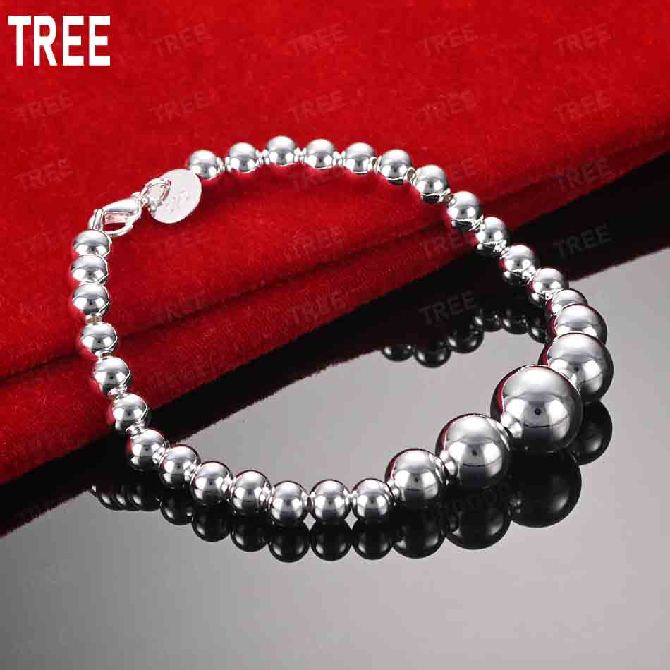 925 Sterling Silver Polished Bead Side Chain Simple Bracelet Gift Jewelry 20CM