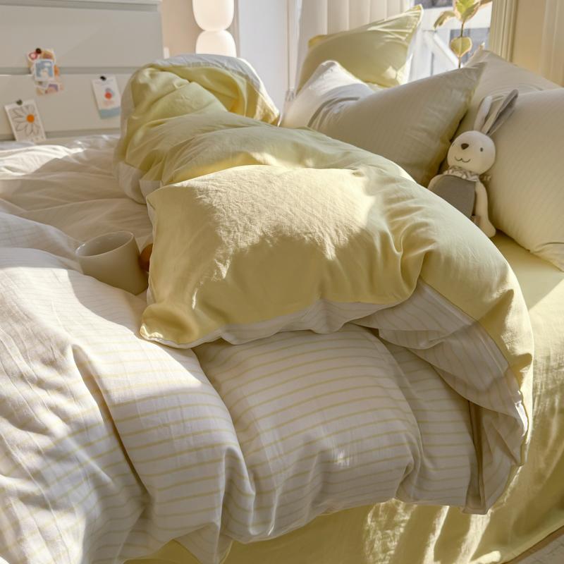 Pure Cotton Home Textile Striped Bedding Set Simple Soft Duvet Cover Sheet Pillowcase Ins Style Bed Linens Queen King Size