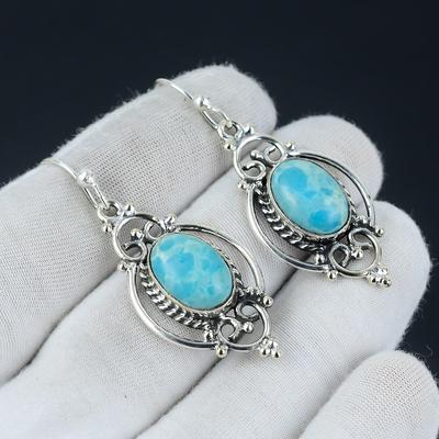 Natürlicher Larimar-Ohrring, Larimar-Silberohrring, Larimar-Oval-Stein-Ohrring, 925 Sterling Silber-Ohrring, Edelstein-Ohrring, Ohrhänger
